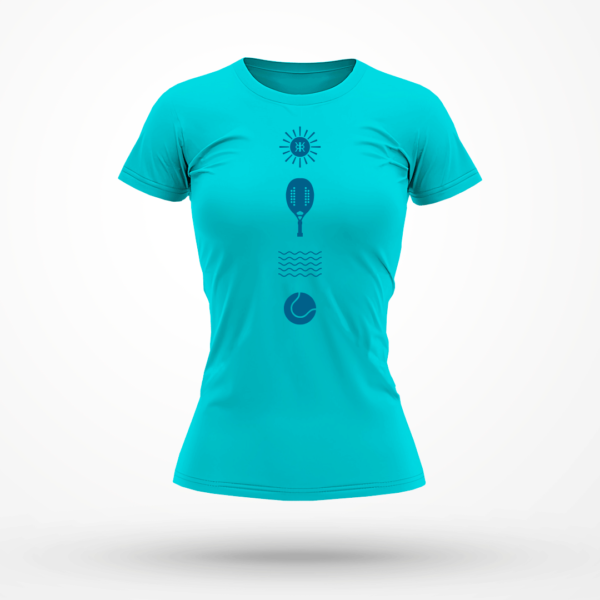 Camiseta Feminina Rezgatte Beach Tennis – Sol, Raquete, Água e Bolinha – Azul