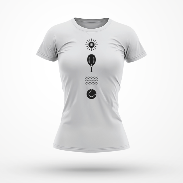 Camiseta Feminina Rezgatte Beach Tennis – Sol, Raquete, Água e Bolinha – Branca