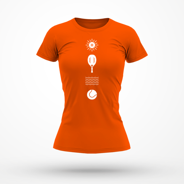 Camiseta Feminina Rezgatte Beach Tennis – Sol, Raquete, Água e Bolinha – Laranja