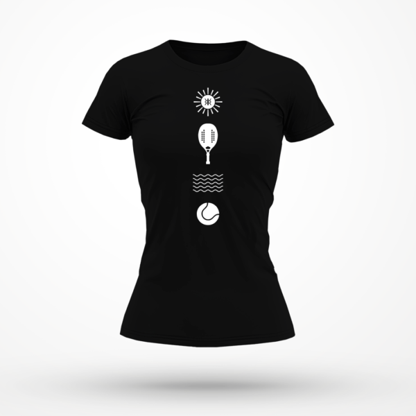 Camiseta Feminina Rezgatte Beach Tennis – Sol, Raquete, Água e Bolinha – Preta