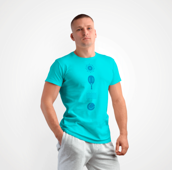 Camiseta Rezgatte Beach Tennis – Sol, Raquete, Água e Bolinha – Azul